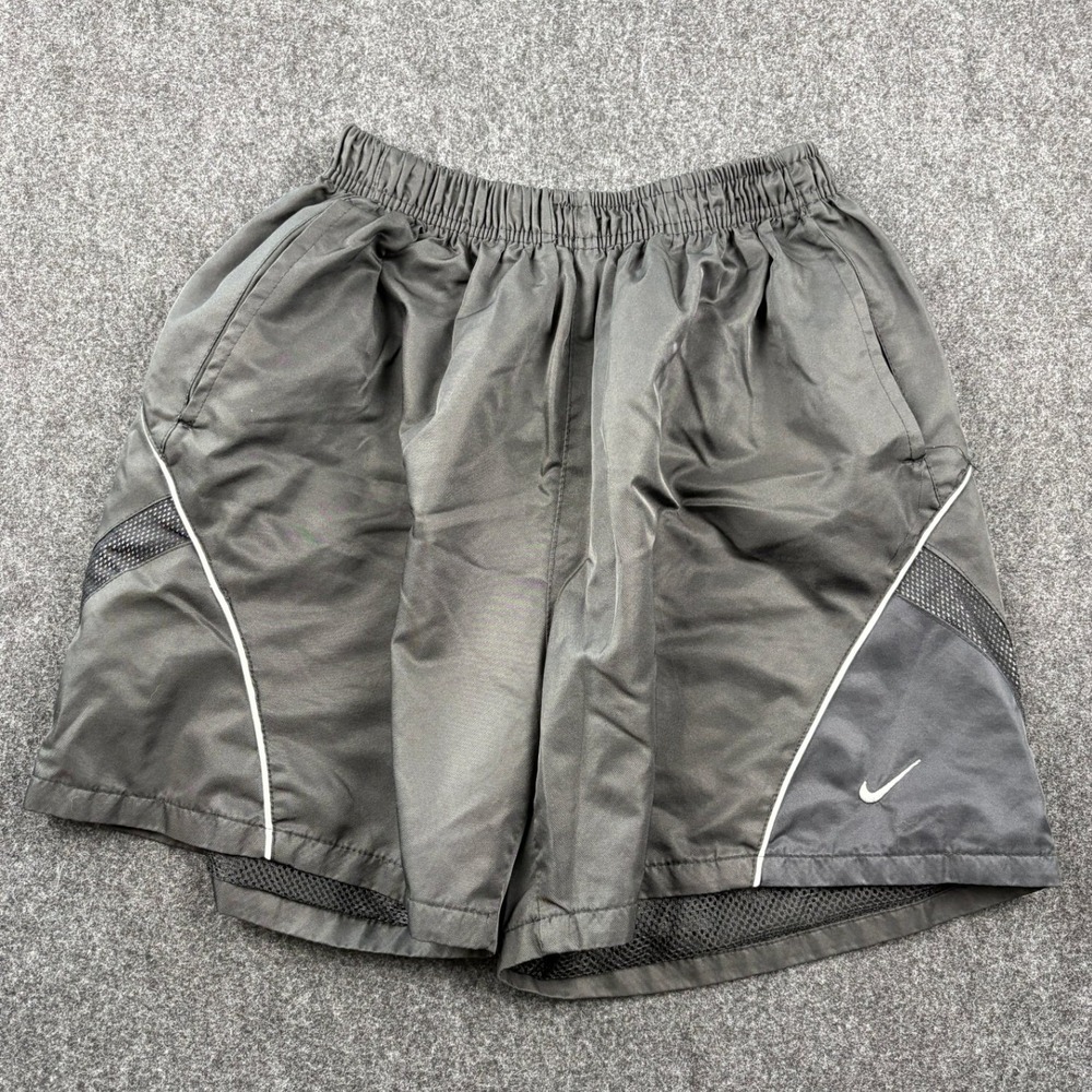 Y2K Nike Mens Running Shorts Black Reflective Mesh Lined Swoosh Vintage